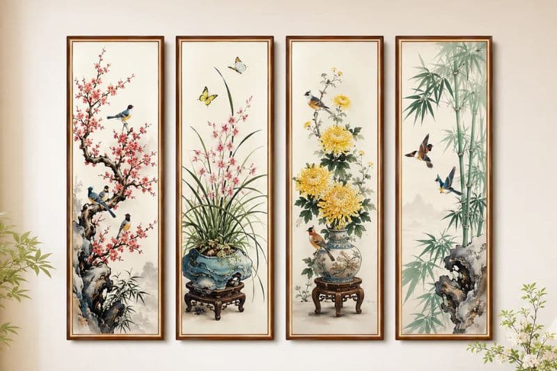 Ý nghĩa Tranh Tứ Quý Tùng Cúc Trúc Mai và cách treo đúng phong thủy