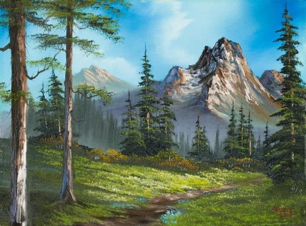 Khung cảnh thiên nhiên trong tranh của Bob Ross được lấy nguyên bản từ phong cảnh thiên nhiên các vung Bắc Mỹ Khung cảnh thiên nhiên trong tranh của Bob Ross được lấy nguyên bản từ phong cảnh thiên nhiên các vung Bắc Mỹ