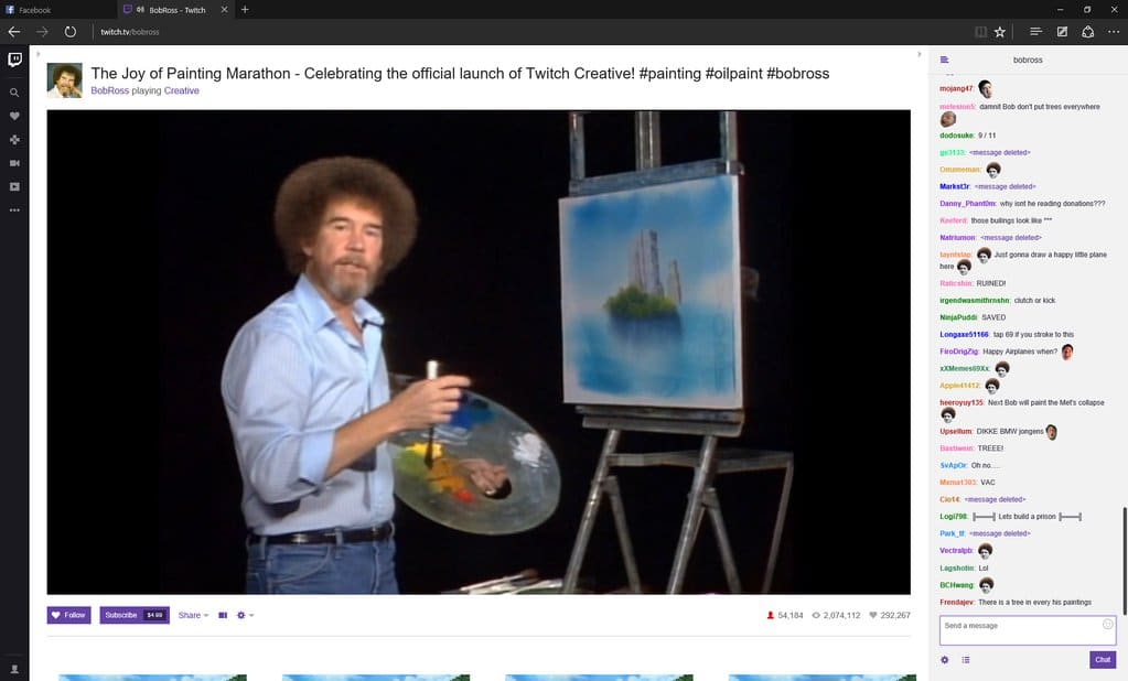 Kênh Twitch của cố danh họa Bob Ross luôn nhận được sự quan tâm theo dõi của hàng ngàng người hâm mộ Kênh Twitch của cố danh họa Bob Ross luôn nhận được sự quan tâm theo dõi của hàng ngàng người hâm mộ