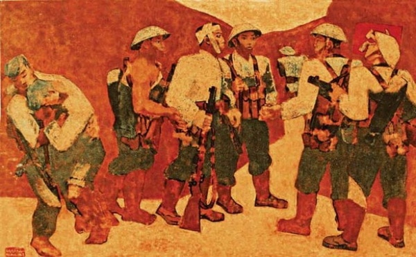 Tác phẩm "Kết nạp Đảng ở Điện Biên Phủ", sơn mài, 1963