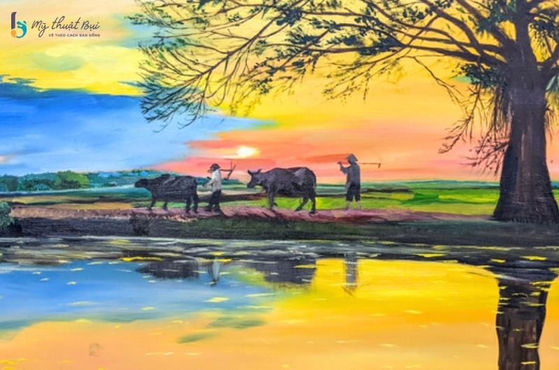 Tranh phong cảnh hoàng hôn quê hương