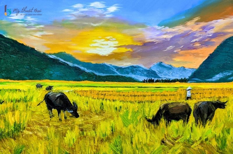 Ý tưởng vẽ tranh đàn trâu trên đồng cỏ Tranh phong cảnh màu nước