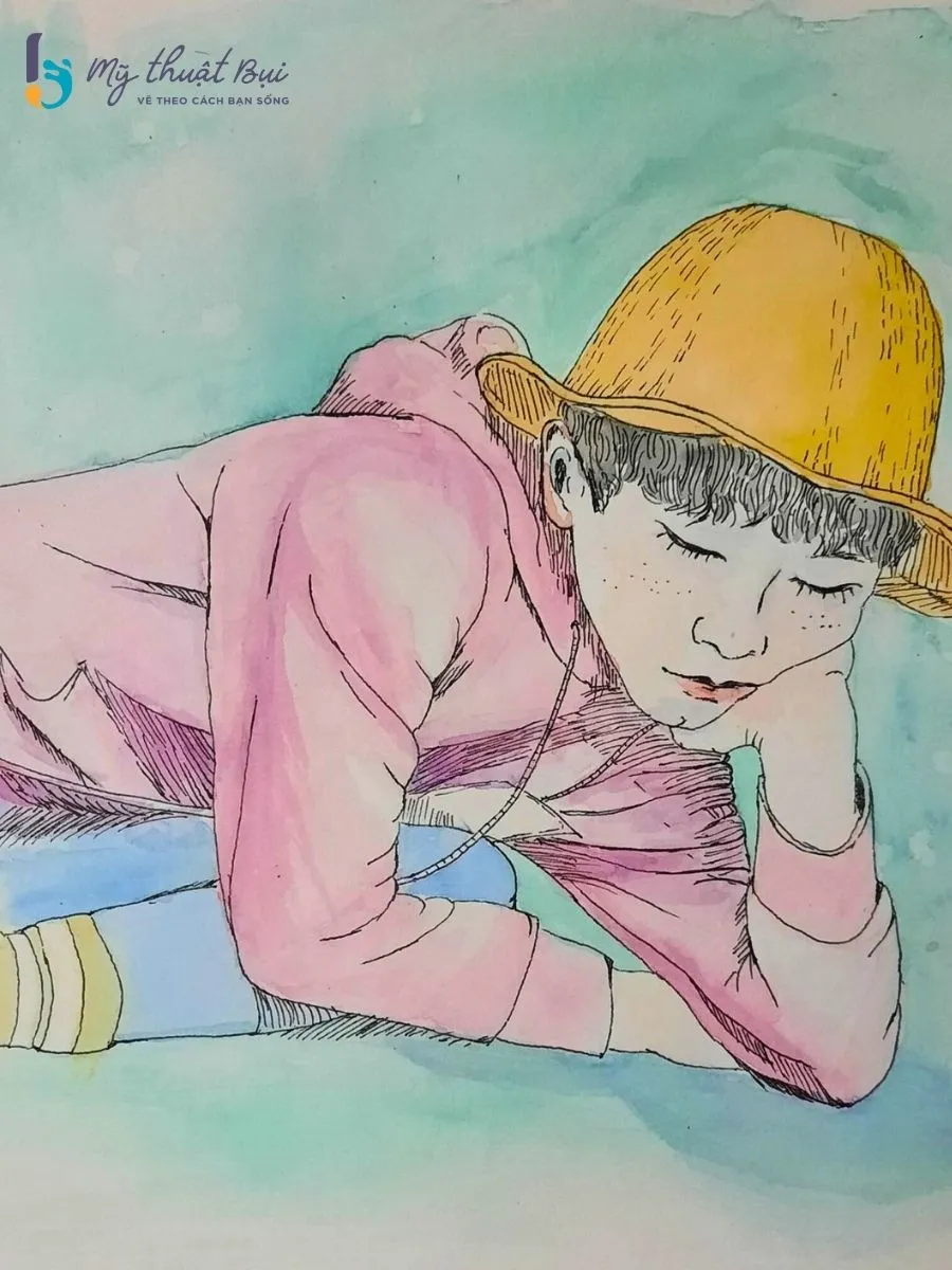 Tranh ký họa người đệm màu