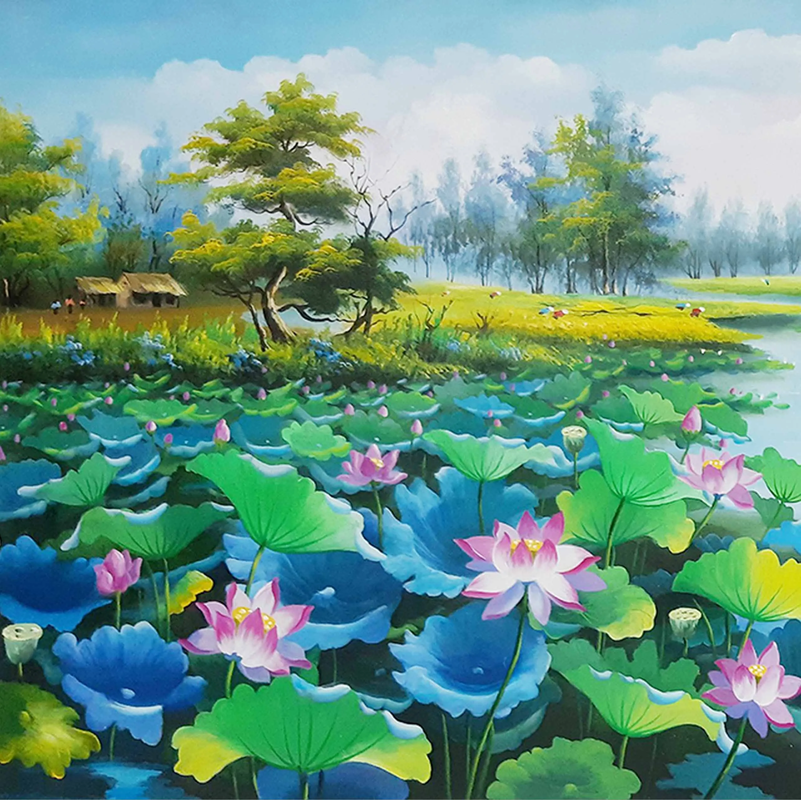 Tranh hoa sen sơn dầu
