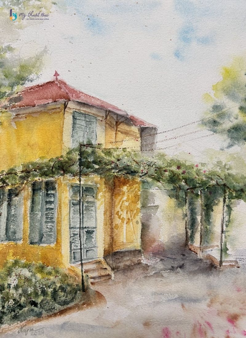 Tranh màu nước phong cảnh quê hương Tranh màu nước phong cảnh quê hương