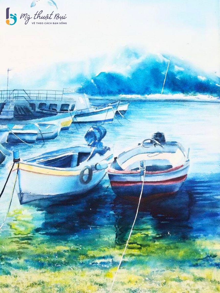 Tranh màu nước phong cảnh biển Tranh màu nước phong cảnh biển