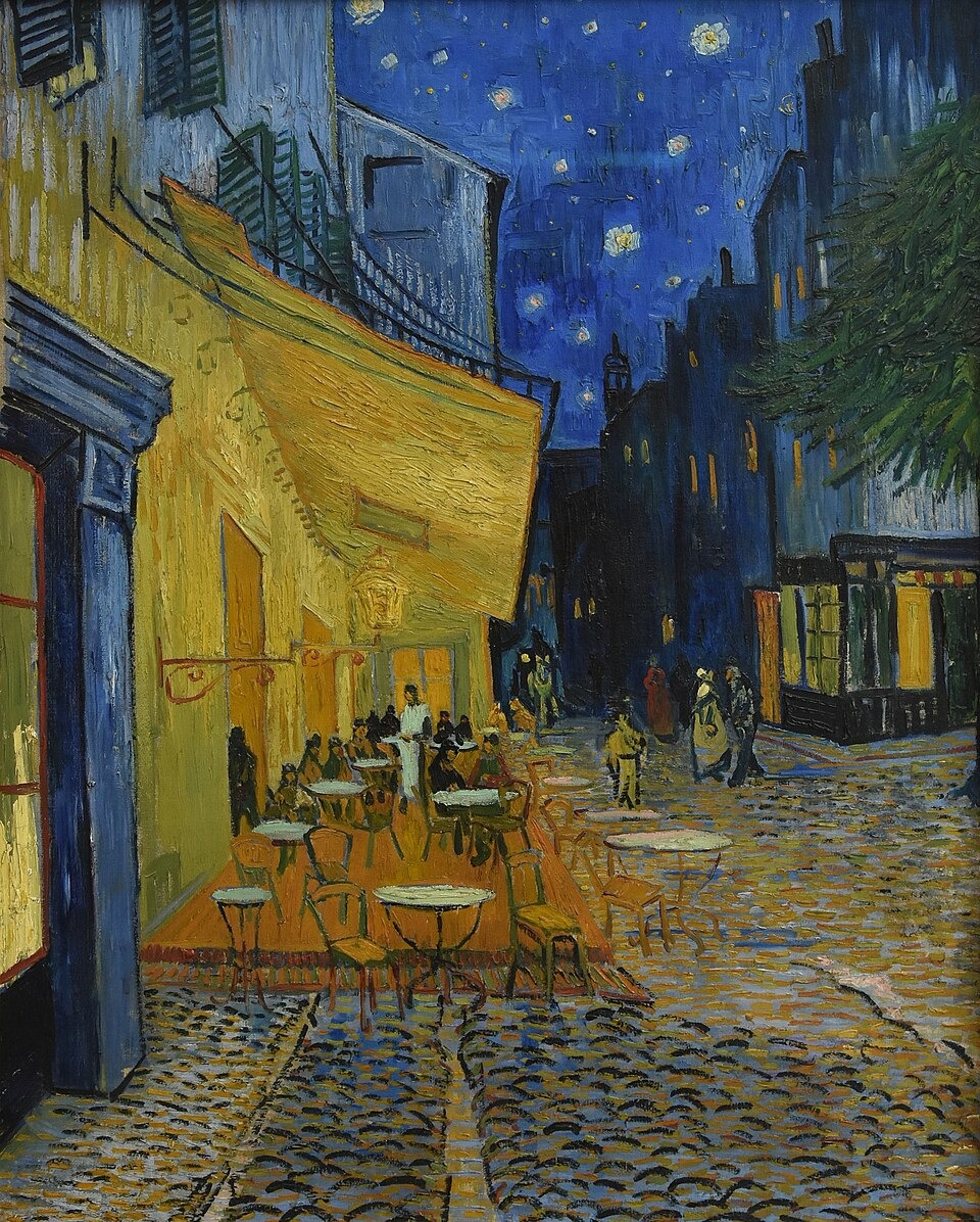 Bức tranh Quán cà phê về đêm (Café Terrace at Night) của danh họa Vincent van Gogh với ánh sáng vàng rực rỡ