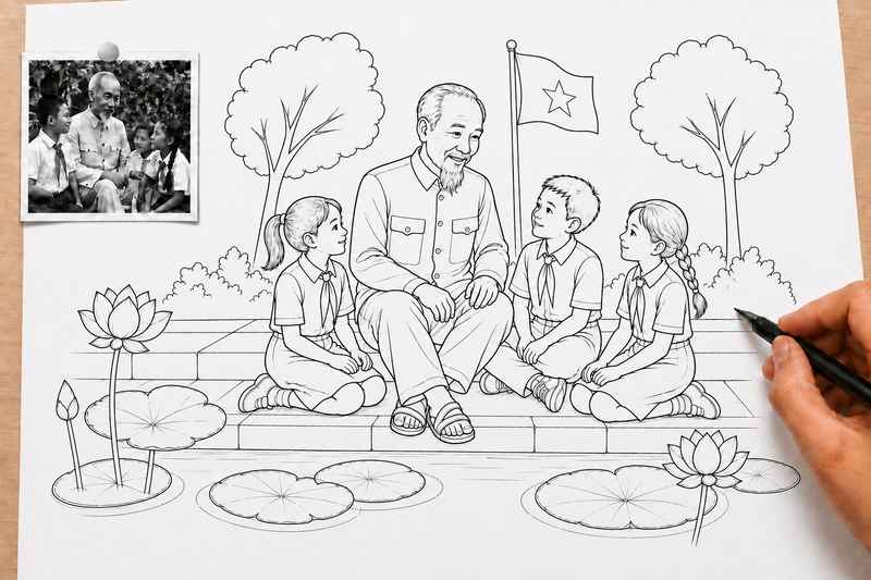 Hướng dẫn cách vẽ bác hồ với thiếu nhi bước 4