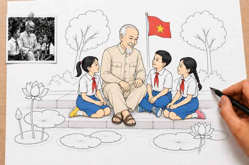 Hướng dẫn cách vẽ bác hồ với thiếu nhi bước 5
