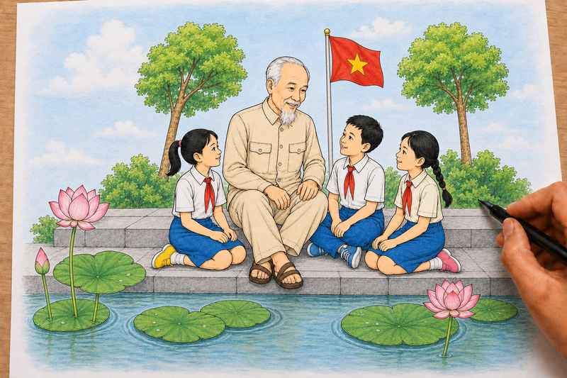 Hướng dẫn cách vẽ bác hồ với thiếu nhi bước 6