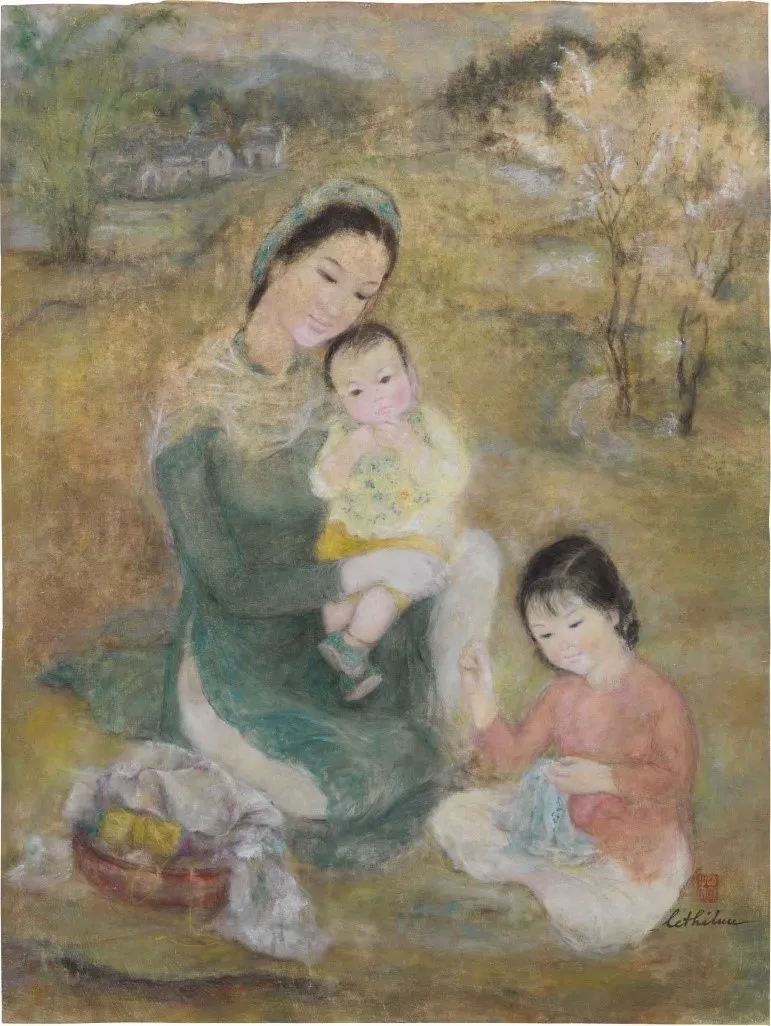 Tác phẩm tranh lụa Ba mẹ con trên cỏ của danh họa Lê Thị Lựu những năm 1960