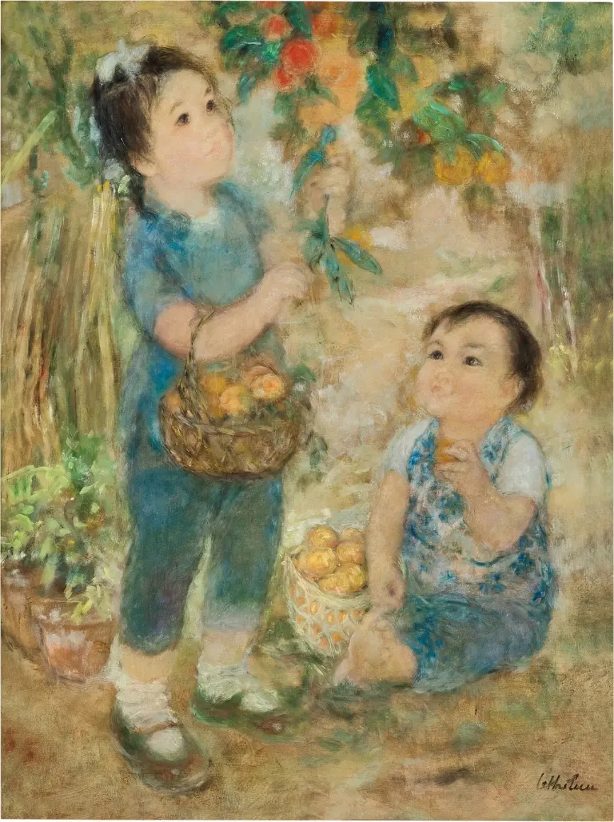Tác phẩm Hai đứa trẻ trong vườn của họa sĩ Lê Thị Lựu năm 1986