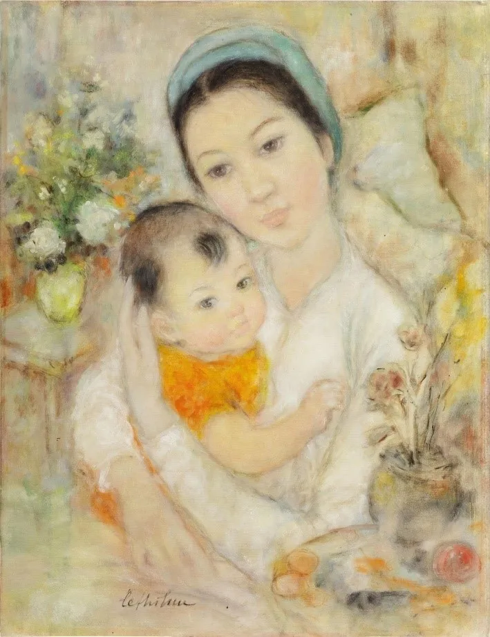 Bức tranh bột màu trên lụa Mẹ và em bé của họa sĩ Lê Thị Lựu năm 1968
