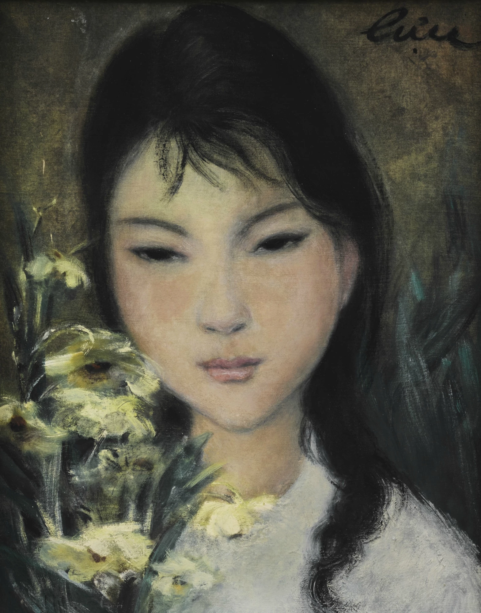 Bức tranh sơn dầu và bột màu trên lụa "Girl with Flower" (Thiếu nữ bên hoa)