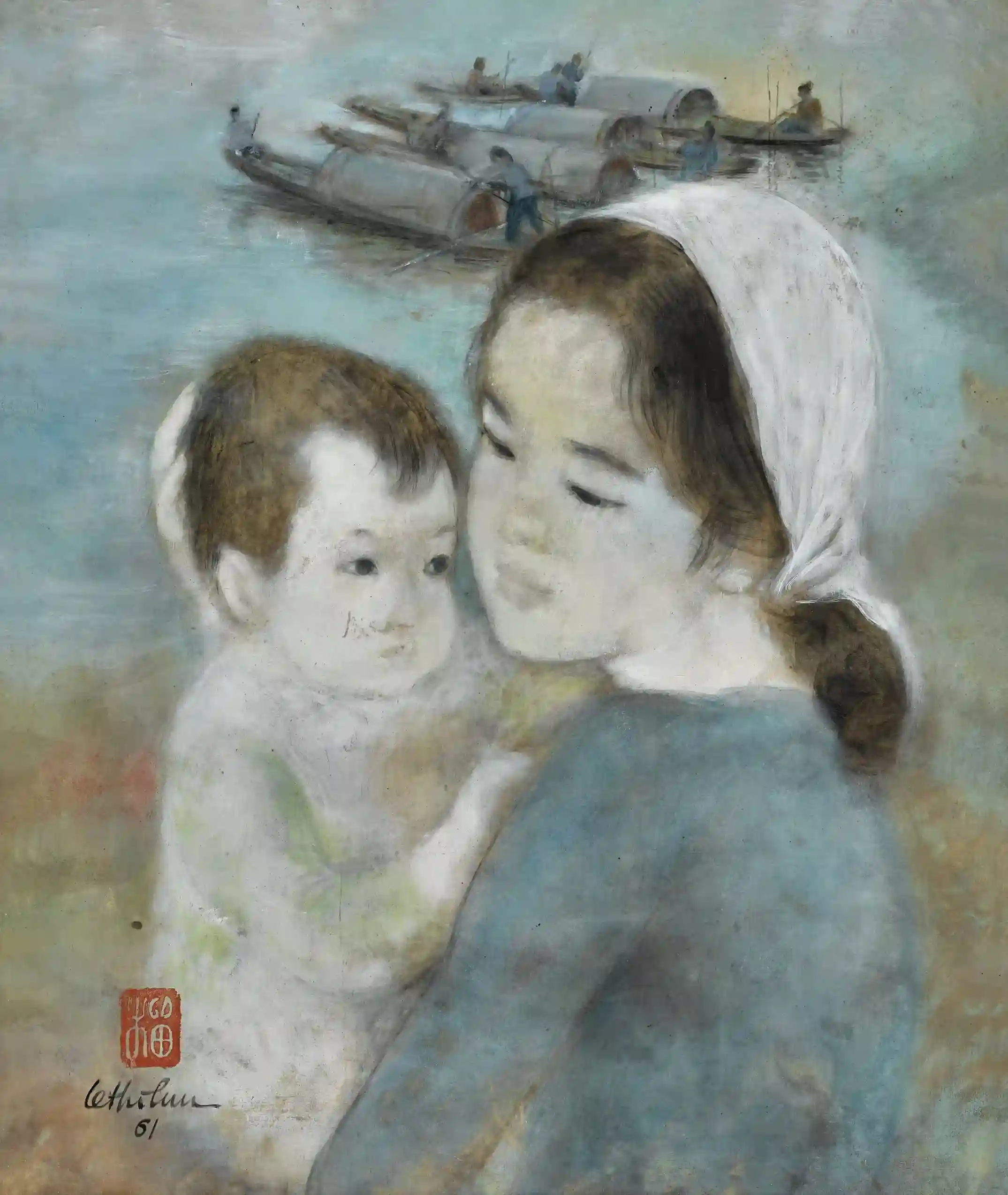 Tác phẩm Vô đề (Untitled) bằng mực và màu nước trên lụa của Lê Thị Lựu năm 1961