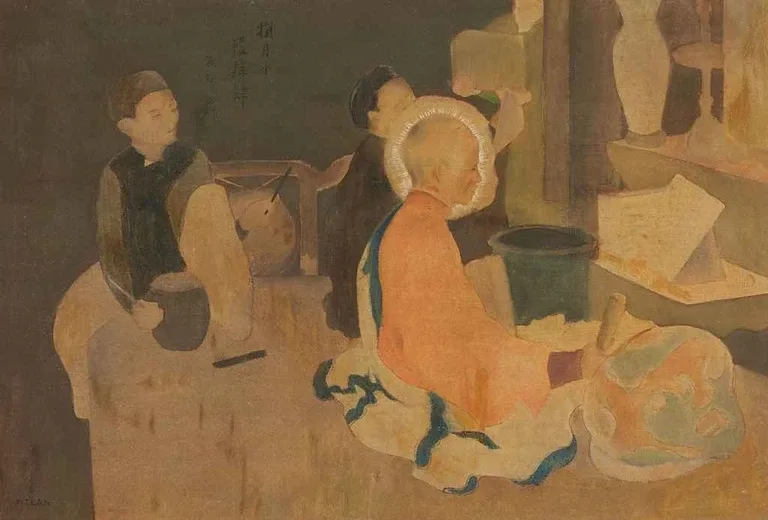 Tranh A La Pagode - At the Temple năm 1935 của họa sĩ Nguyễn Tường Lân