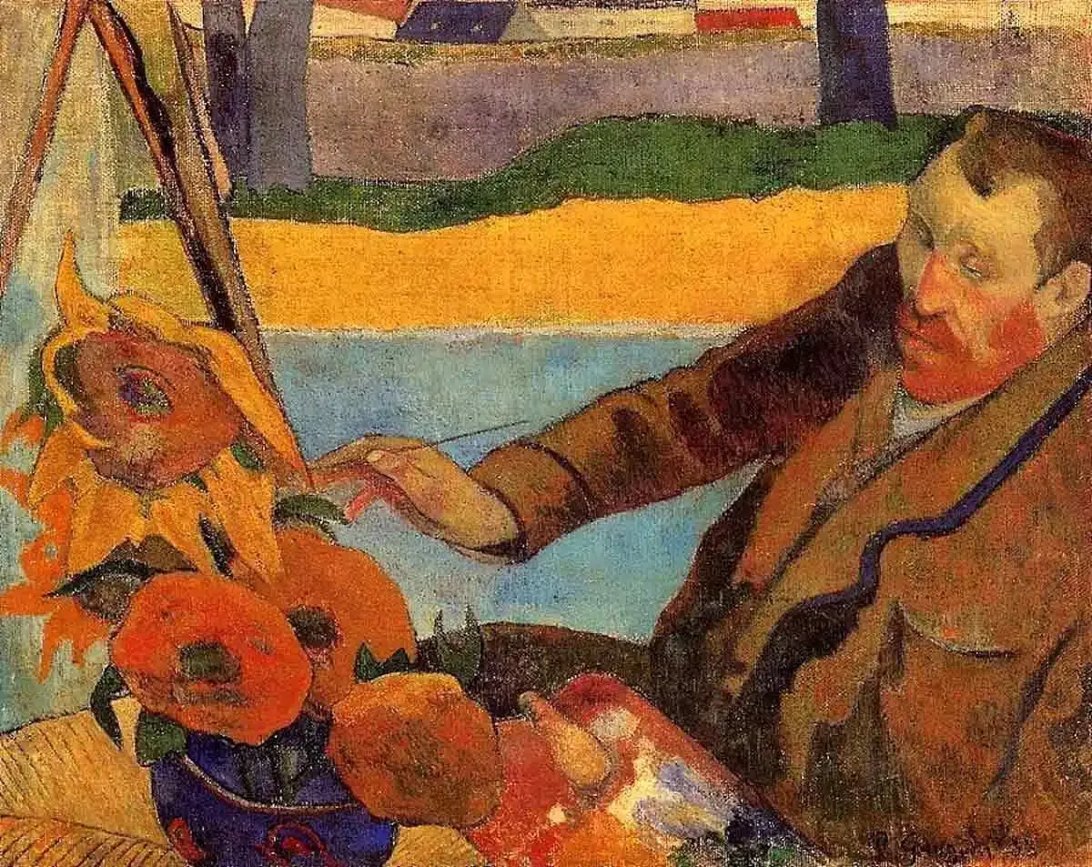 Bức "Họa sĩ của những đóa hướng dương" do Paul Gauguin vẽ miêu tả Van Gogh đang sáng tác Bức "Họa sĩ của những đóa hướng dương" do Paul Gauguin vẽ miêu tả Van Gogh đang sáng tác