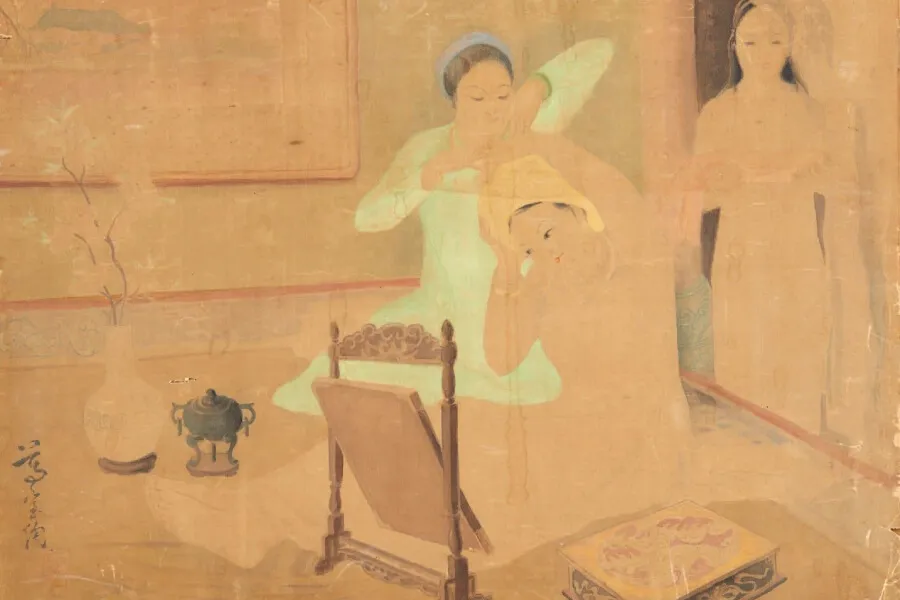 Tranh Trang điểm trên lụa của họa sĩ Nguyễn Tường Lân