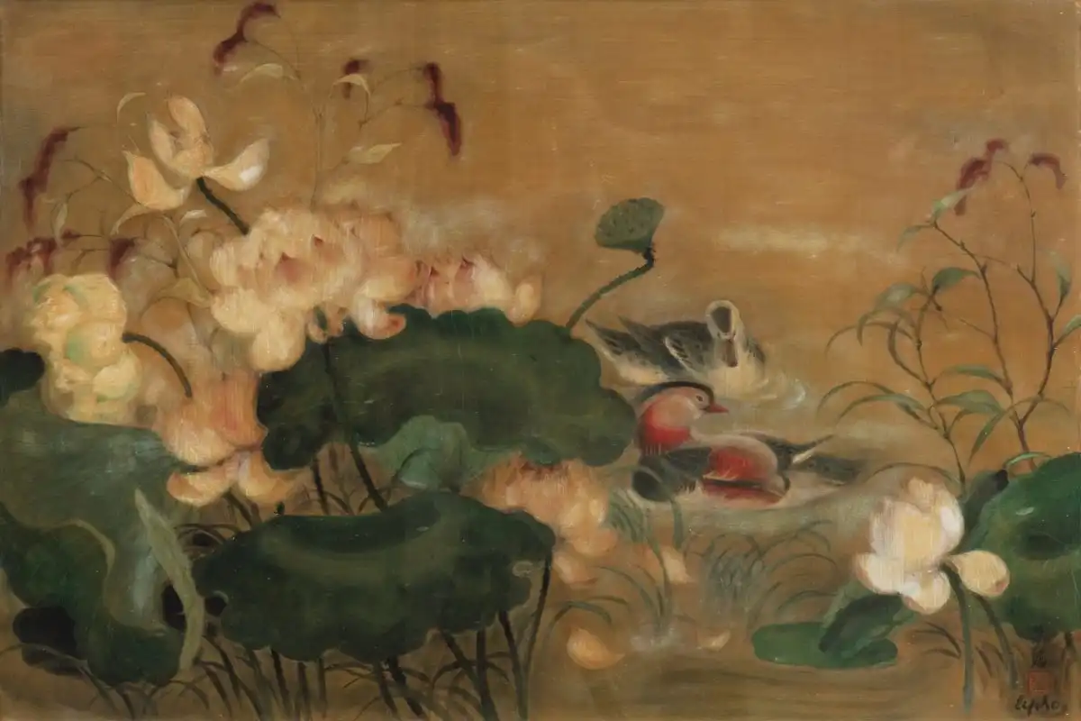 Tác phẩm tranh lụa Uyên ương hý liên (Canard et Lotus) của danh họa Lê Phổ