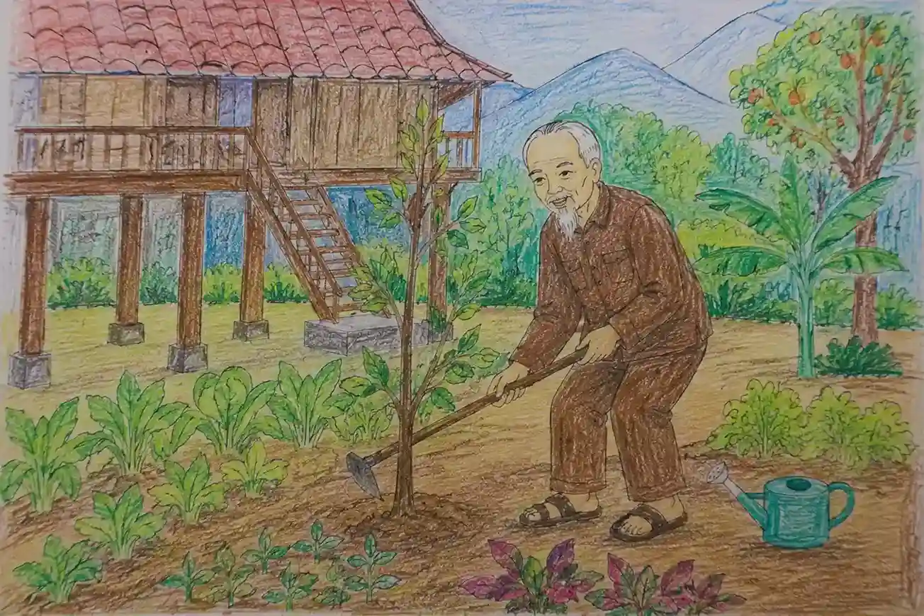 Tranh vẽ Bác Hồ trồng cây Tranh vẽ Bác Hồ trồng cây