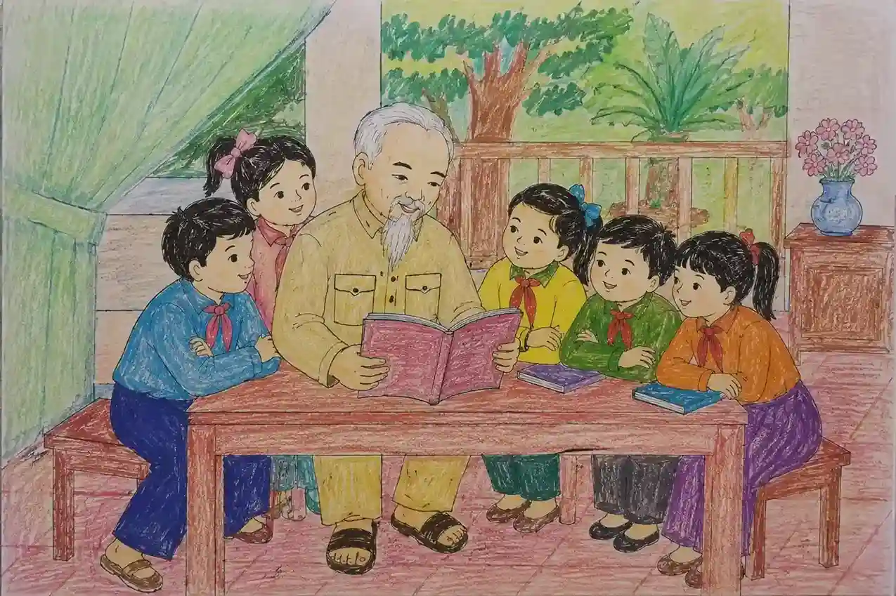 Tranh vẽ Bác Hồ đọc sách cùng thiếu nhi Tranh vẽ Bác Hồ đọc sách cùng thiếu nhi