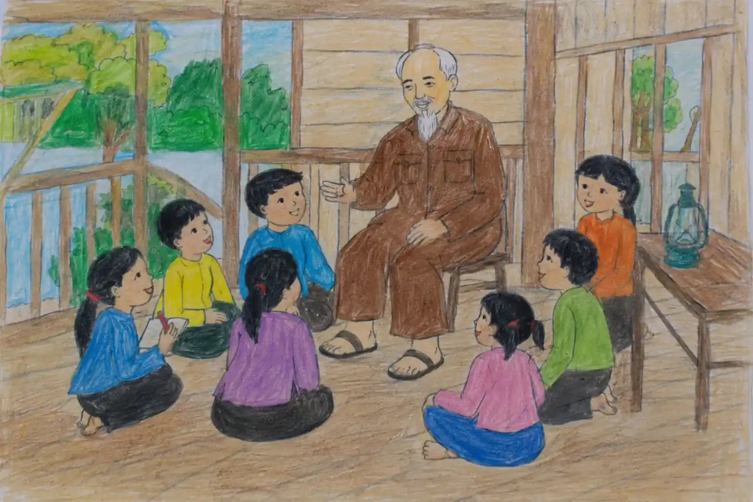Tranh vẽ Bác Hồ trong căn nhà sàn Tranh vẽ Bác Hồ trong căn nhà sàn