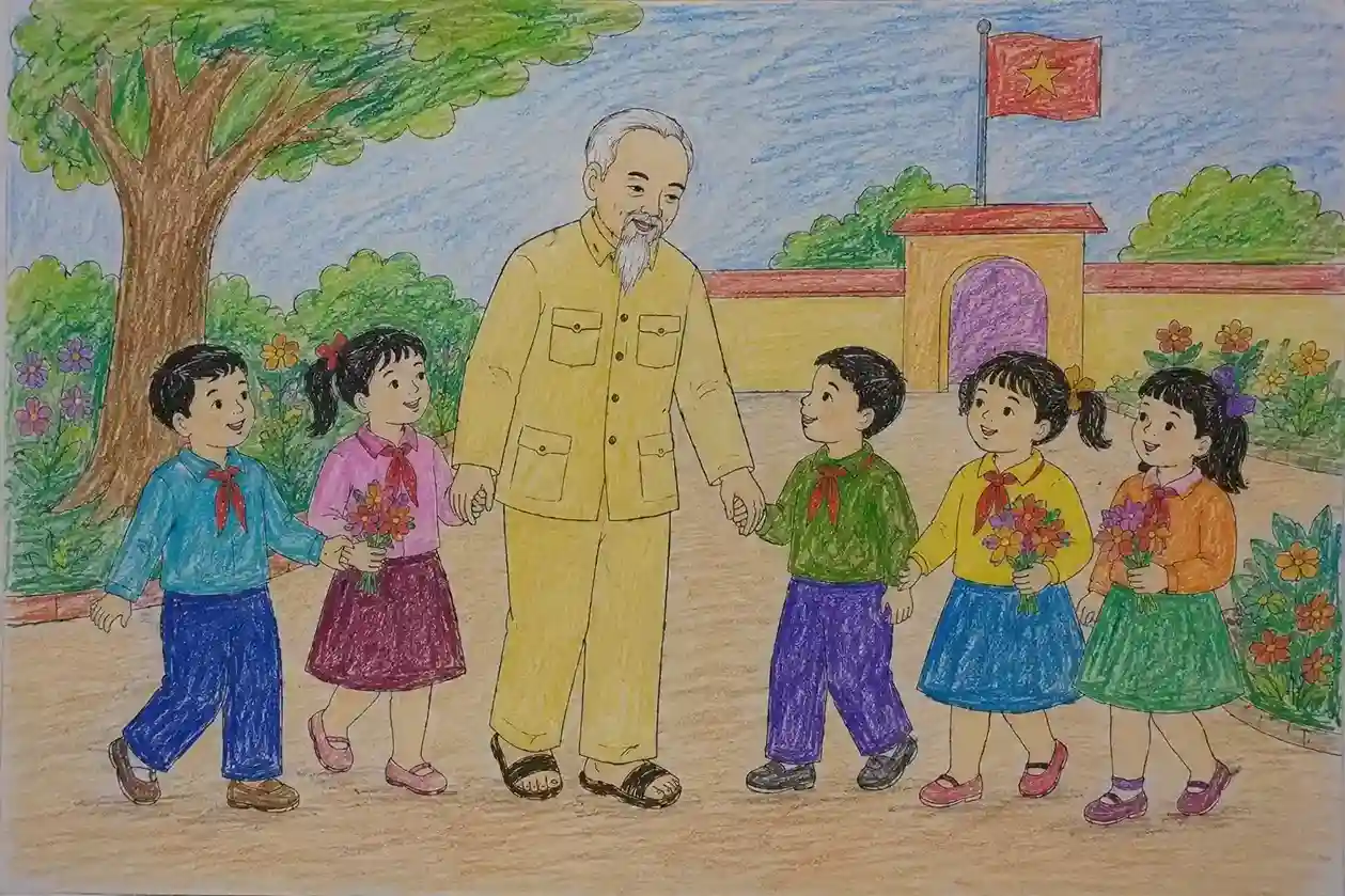 Tranh vẽ Bác Hồ nắm tay các em học sinh Tranh vẽ Bác Hồ nắm tay các em học sinh