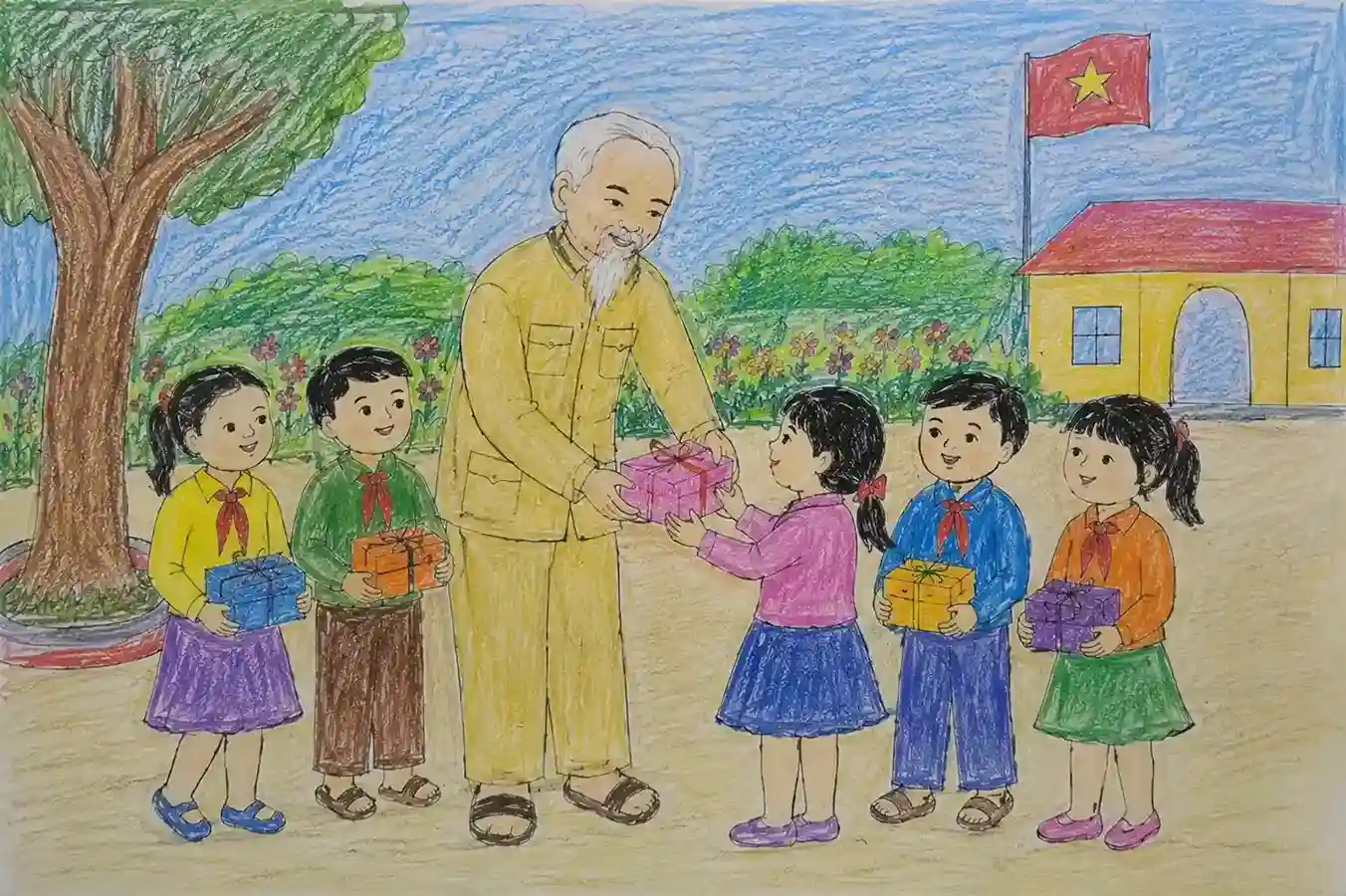 Tranh vẽ Bác Hồ phát quà cho trẻ em Tranh vẽ Bác Hồ phát quà cho trẻ em