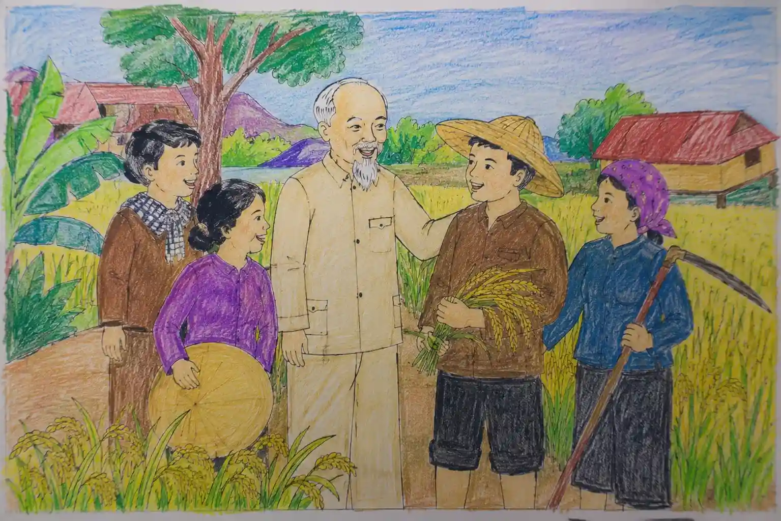 Tranh vẽ Bác Hồ thăm nông dân Tranh vẽ Bác Hồ thăm nông dân