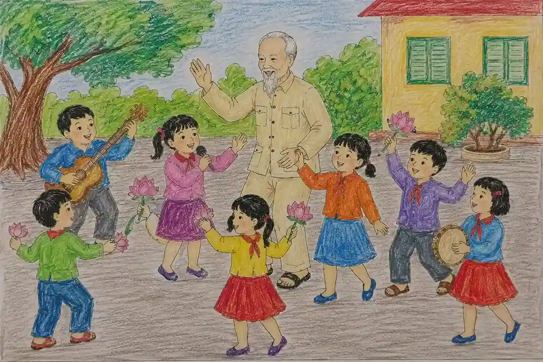 Tranh vẽ Bác Hồ cùng các em múa hát Tranh vẽ Bác Hồ cùng các em múa hát