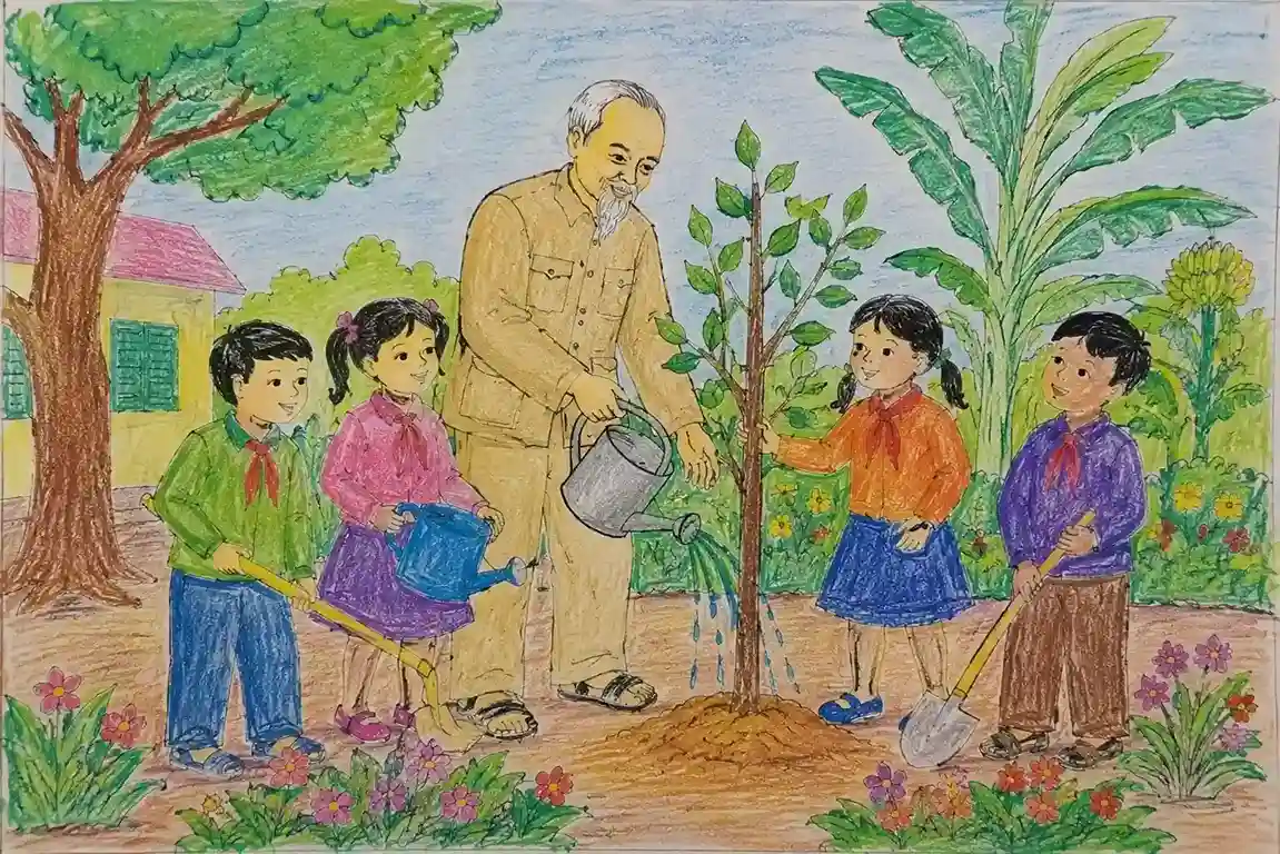 Vẽ Bác Hồ với thiếu nhi bên vườn cây Vẽ Bác Hồ với thiếu nhi bên vườn cây