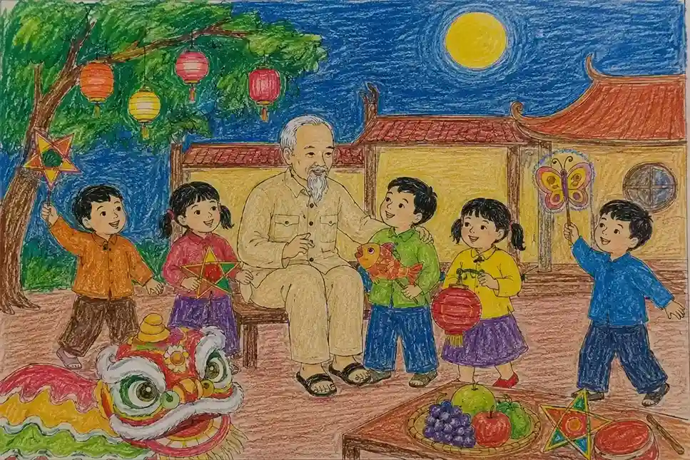 Hình vẽ Bác Hồ và thiếu nhi ngày Tết Trung Thu Hình vẽ Bác Hồ và thiếu nhi ngày Tết Trung Thu