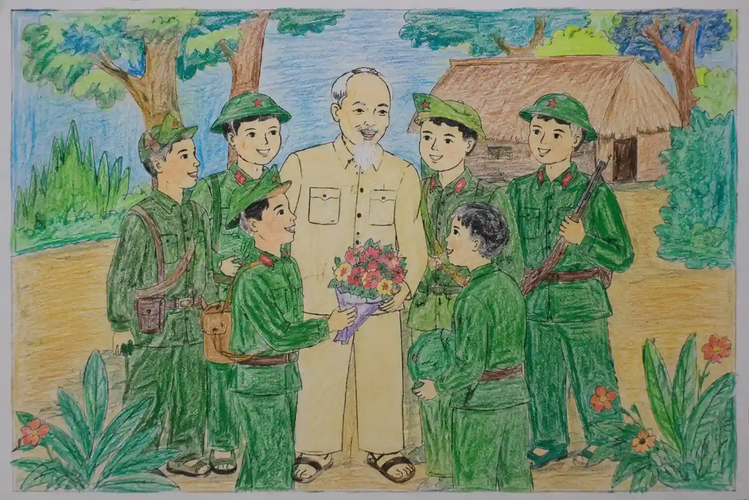 Tranh vẽ Bác Hồ với các chú bộ đội Tranh vẽ Bác Hồ với các chú bộ đội