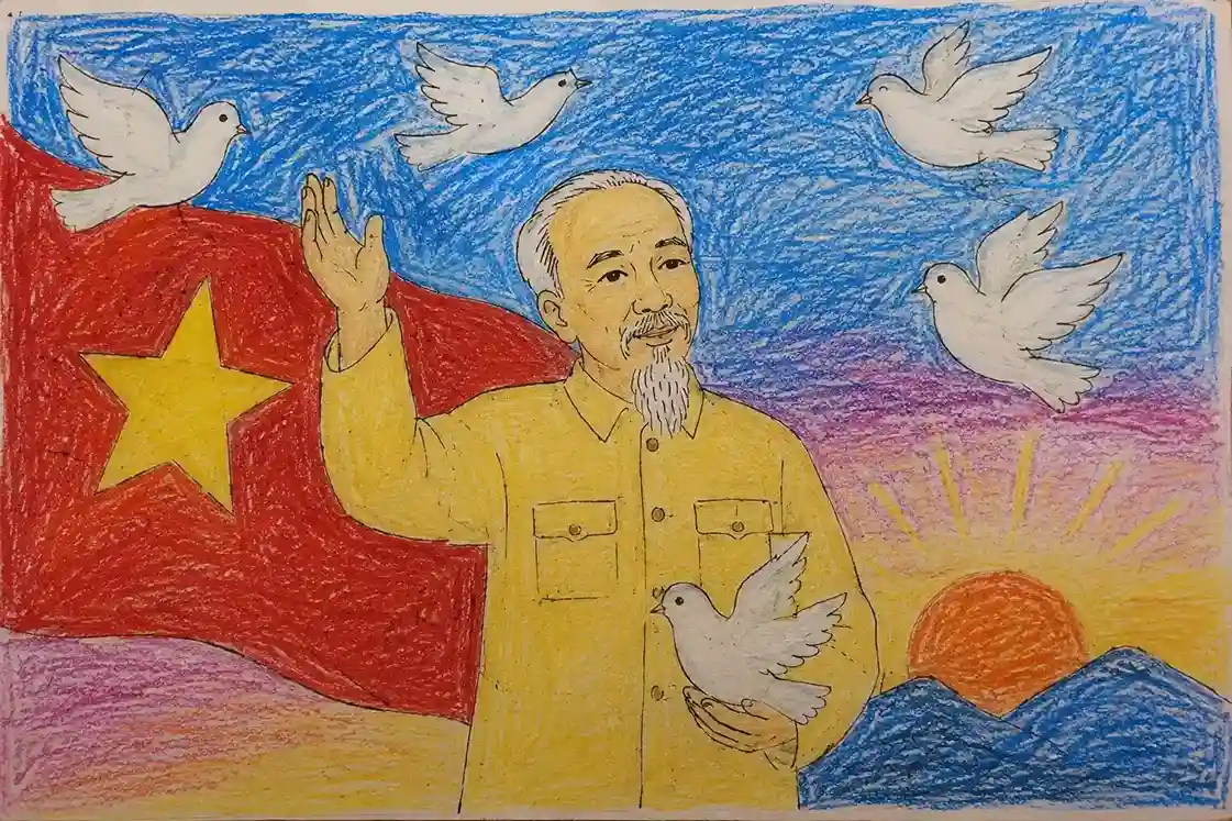 Tranh vẽ Bác Hồ cùng chim bồ câu hòa bình Tranh vẽ Bác Hồ cùng chim bồ câu hòa bình