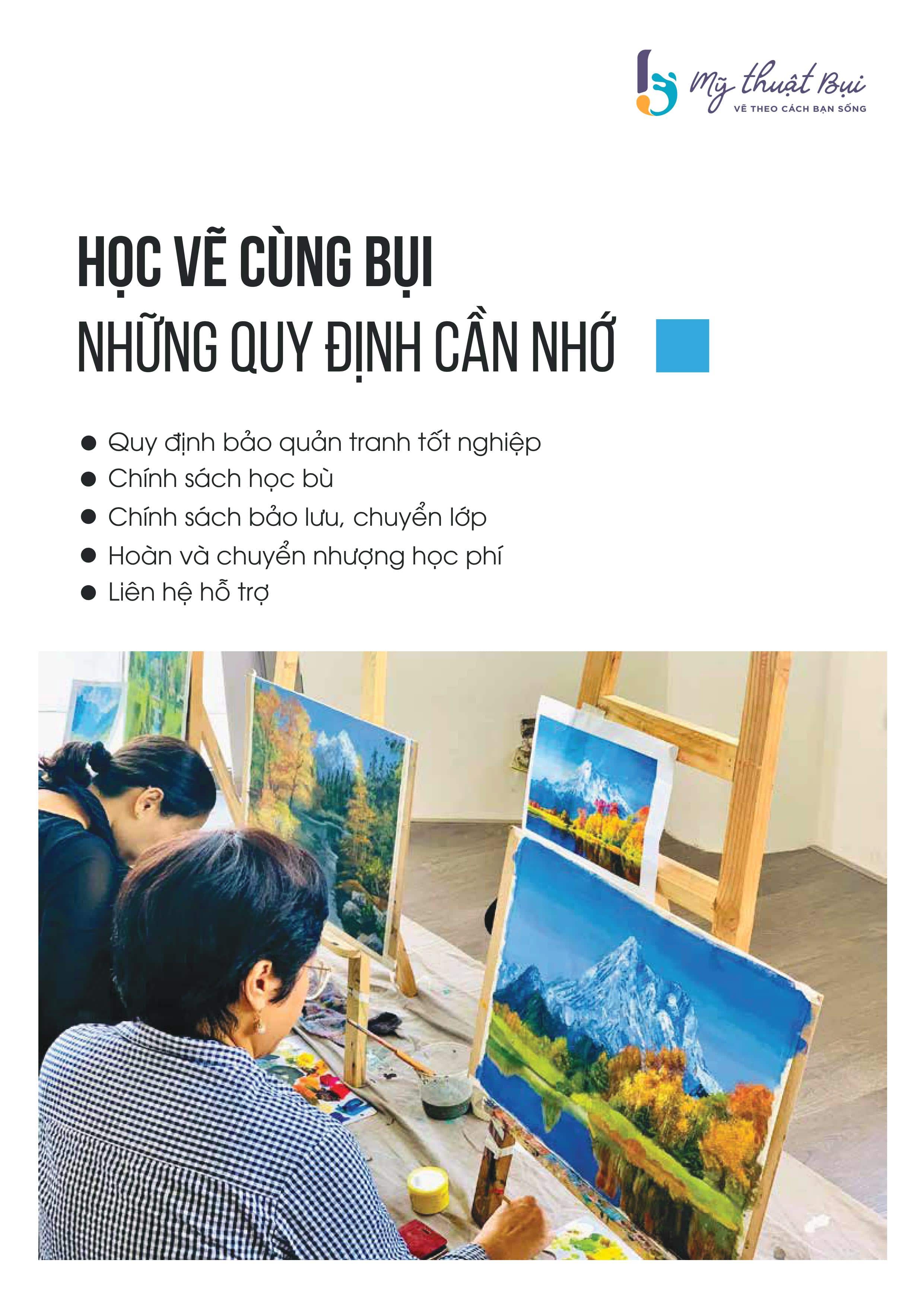 Bạn đang muốn tìm hiểu về nội quy lớp vẽ Mỹ thuật Bụi Sài Gòn? Hãy đến với chúng tôi, nơi chúng tôi đảm bảo một môi trường học tập chất lượng và thân thiện. Hãy tham gia và trở thành một phần của cộng đồng vẽ tranh nở rộ tại đây!