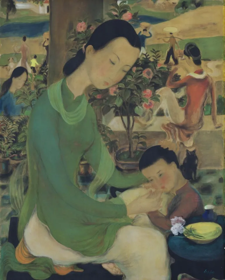 Tranh lụa Cuộc sống gia đình của họa sĩ Lê Phổ