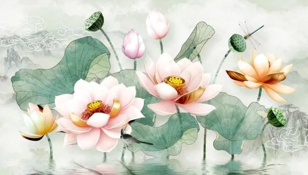 Tranh hoa sen phối màu trắng và hồng nhạt Tranh hoa sen phối màu trắng và hồng nhạt