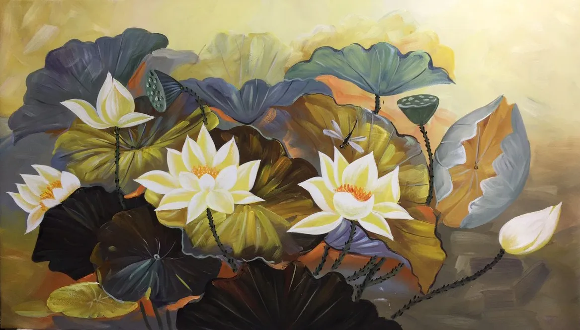 Tranh hoa sen phối màu xanh làm và vàng Tranh hoa sen phối màu xanh làm và vàng