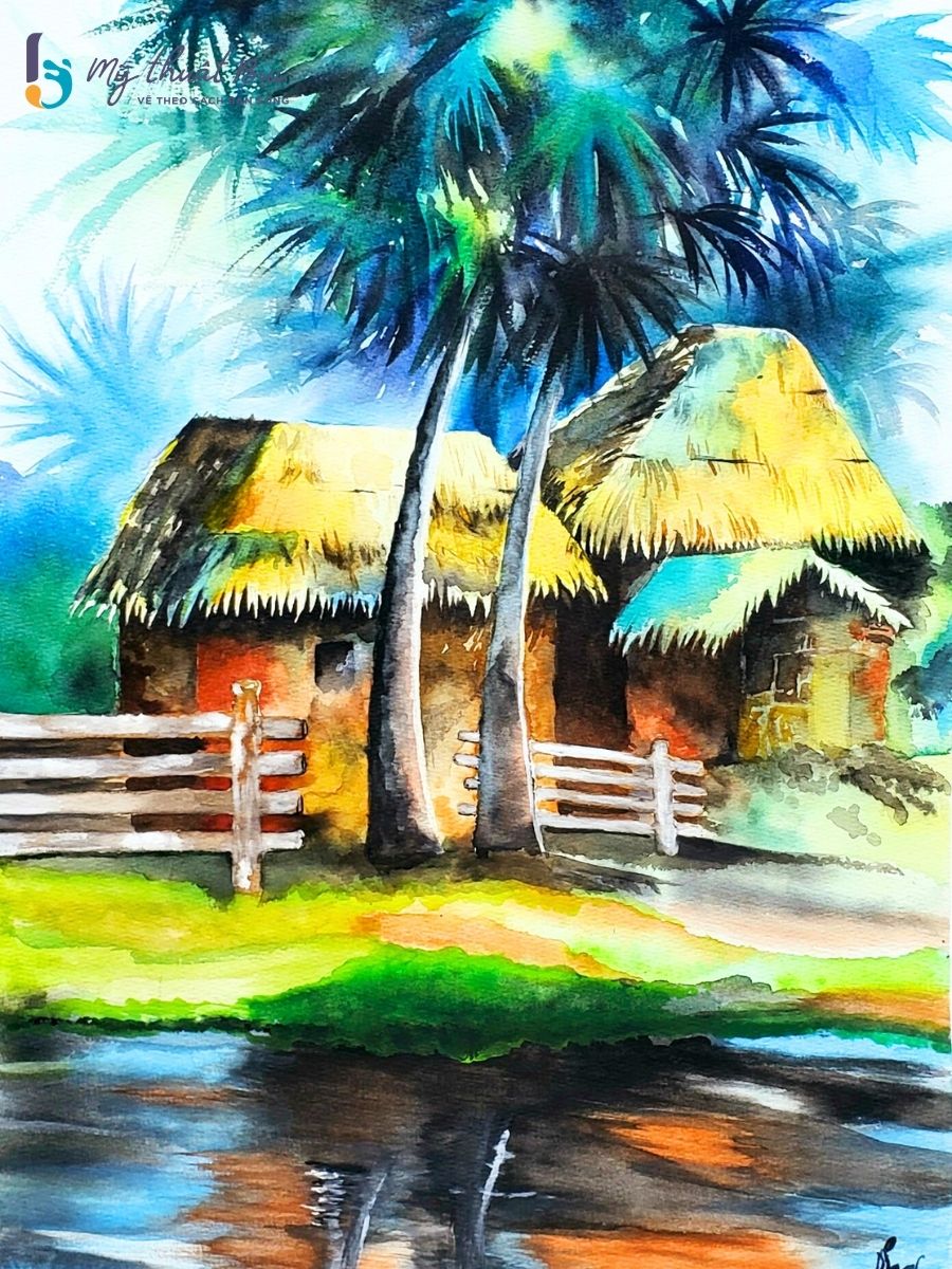 Tranh màu nước phong cảnh quê hương