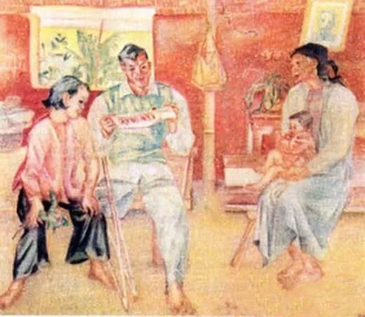 Tác phẩm tranh lụa Con đọc bầm nghe năm 1954 của họa sĩ Trần Văn Cẩn