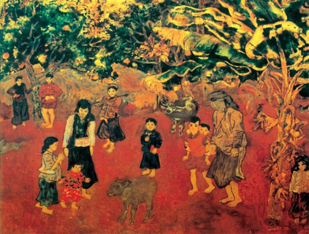 Tác phẩm sơn mài Con nghé quả thực năm 1957 của họa sĩ Nguyễn Tư Nghiêm