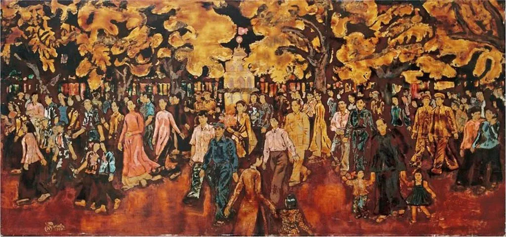 Tác phẩm sơn mài Xuân Hồ Gươm năm 1957 của họa sĩ Nguyễn Tư Nghiêm