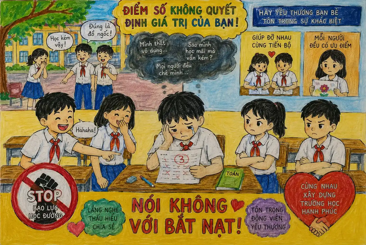 Tranh vẽ bạo lực học đường sự áp lực của học sinh bị bắt nạt vì điểm số