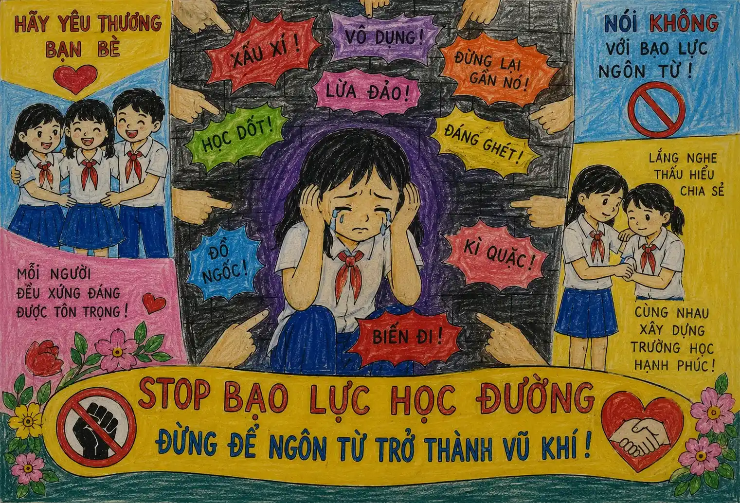Tranh vẽ bạo lực học đường bức tường bủa vây bởi ngôn từ tiêu cực