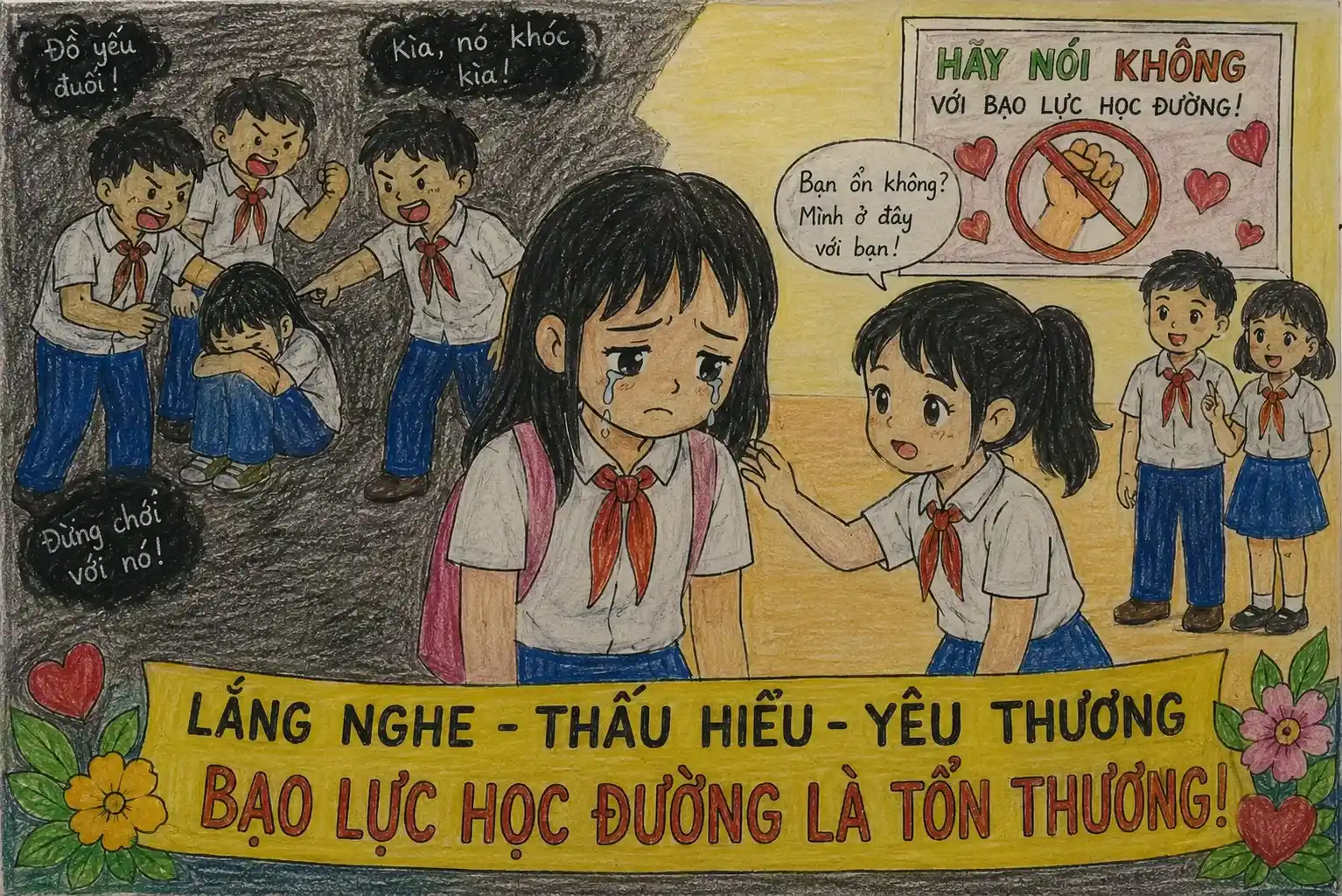 Vẽ tranh bạo lực học đường ánh mắt buồn của nạn nhân bạo lực học đường