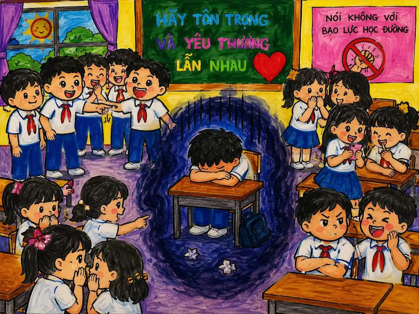 Vẽ tranh bạo lực học đường cảnh học sinh bị cô lập giữa lớp học