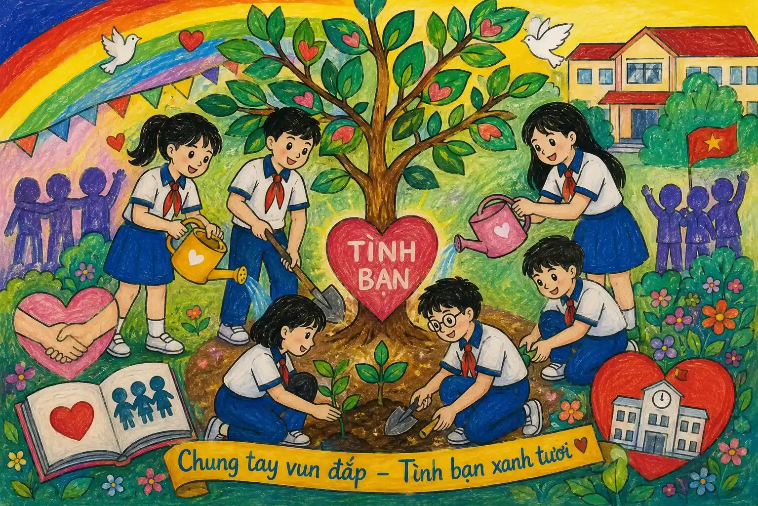 Vẽ tranh bạo lực học đường học sinh cùng vun đắp cây tình bạn xanh tươi