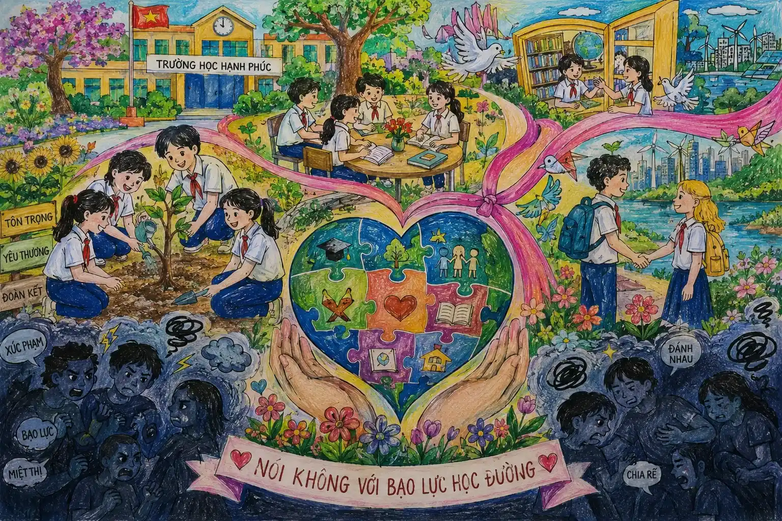 Vẽ tranh bạo lực học đường mô hình trường học hạnh phúc xanh sạch đẹp