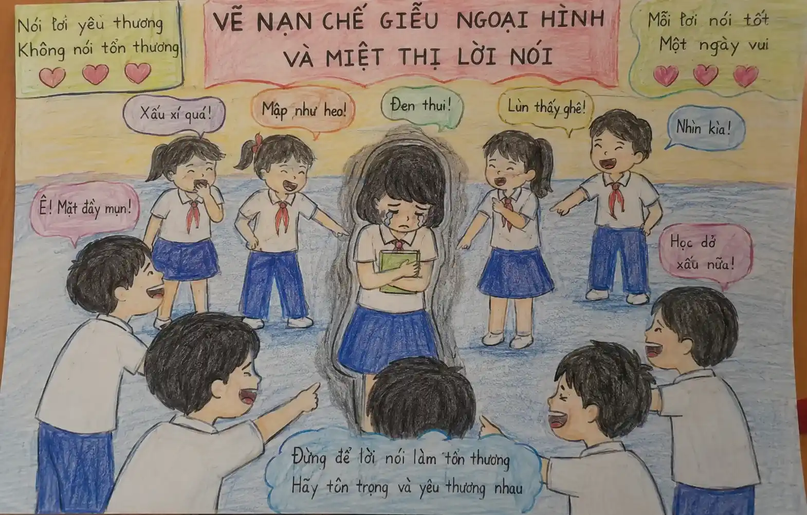 Vẽ tranh bạo lực học đường nạn chế giễu ngoại hình và miệt thị lời nói