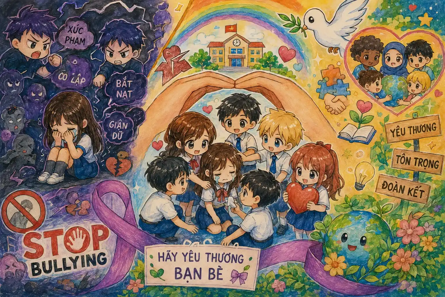 Vẽ tranh bạo lực học đường theo phong cách Chibi dễ thương
